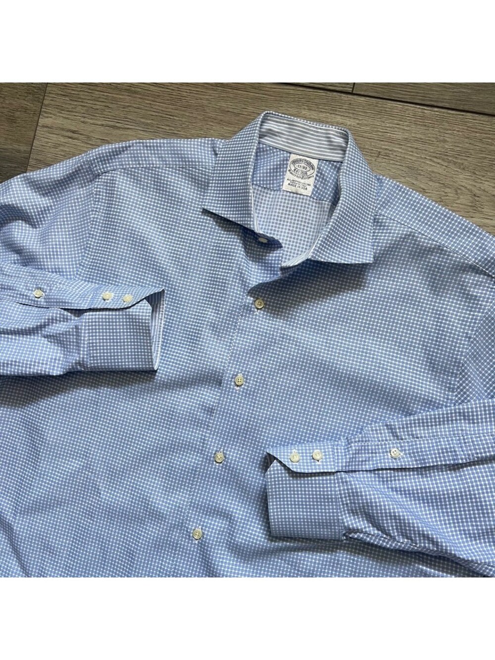 Vintage Brooks Brothers Men's 17-33 Button Up Dress Shirt Blue White Check USA